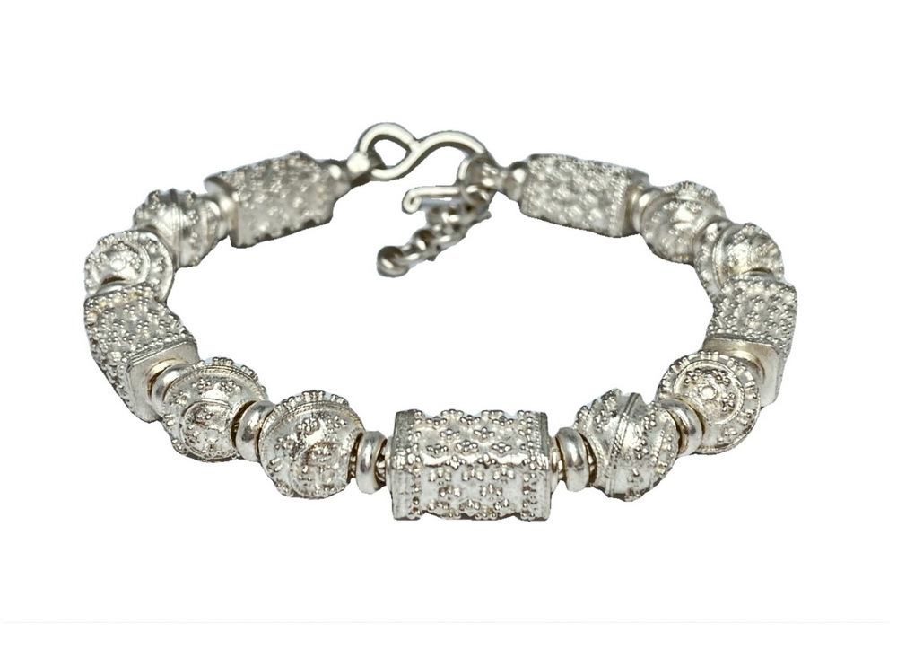 Silver and Leather Beaded Wrap Bracelet - Sukhothai Sky